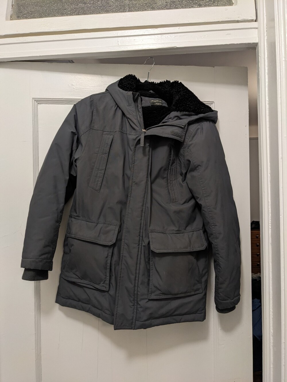 Eddie Bauer Boy's Hooded Puffer Parka in Charcoal with Removable Faux-Sherpa